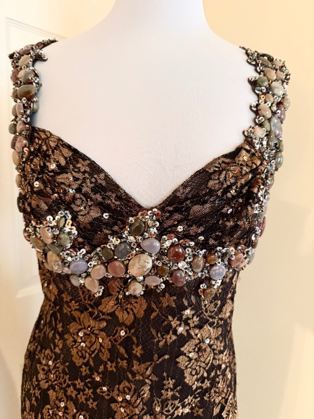 MANDALAY DRESSY DRESS W/BEADING/LACE BROWN COLOR SIZE 12/14US